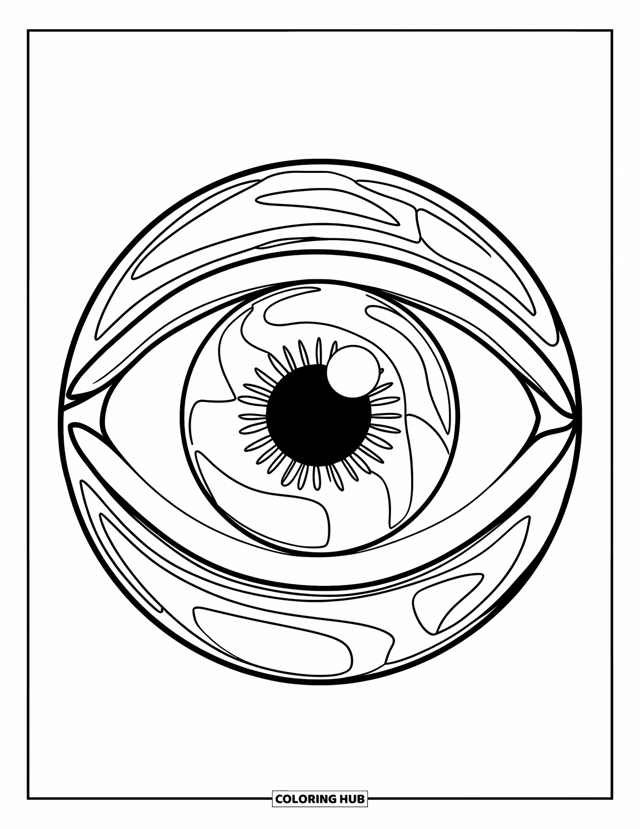 Eye Coloring Page for Kids: A glass marble designed as a single eye with a bold outline