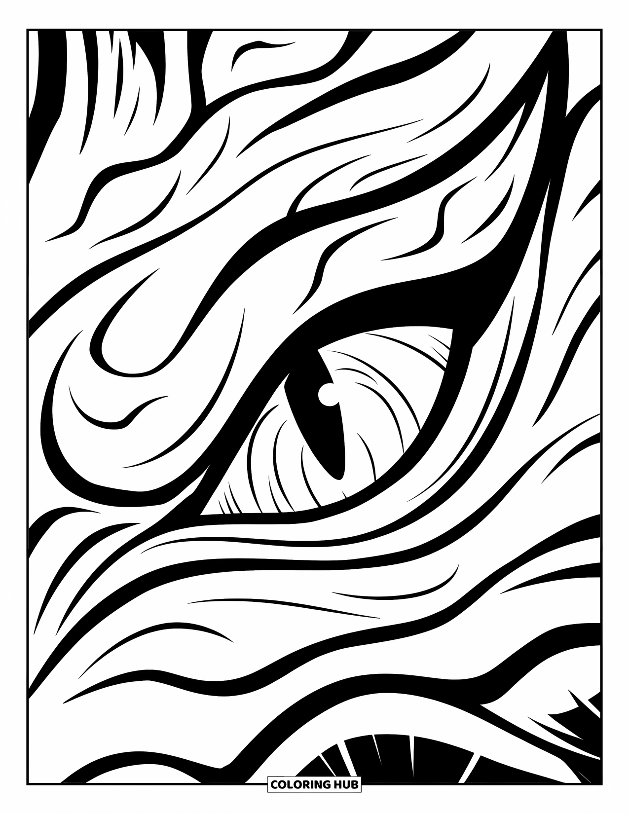 Eye Coloring Page for Kids: A glossy dragon eye framed by sharp, clawed textures