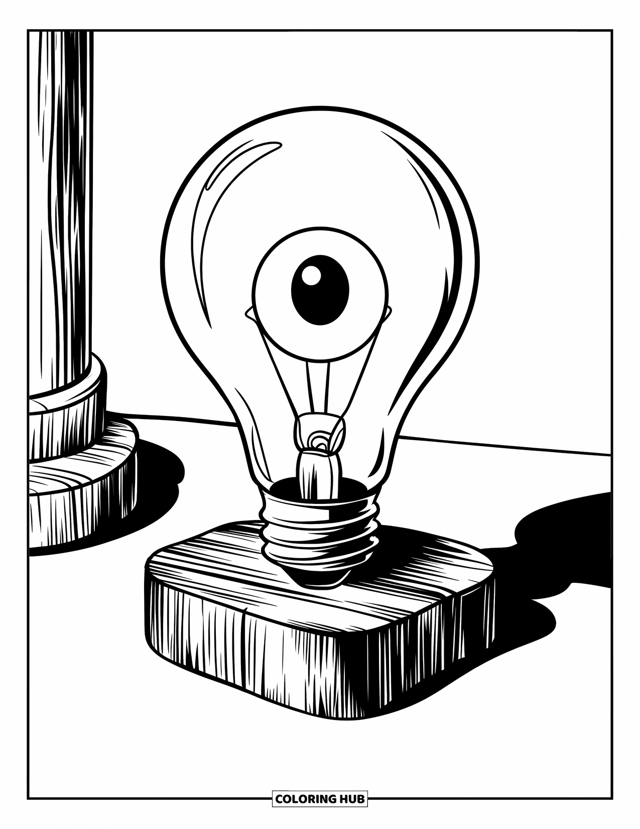 Eye Coloring Page for Kids: A glowing-eyed lightbulb resting on a wooden base