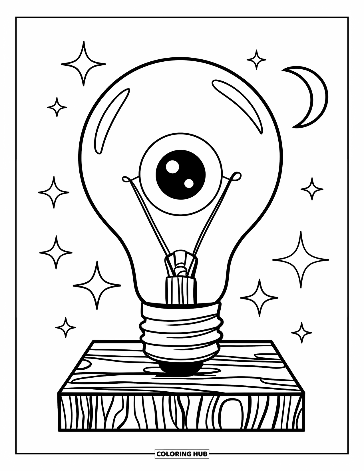 Eye Coloring Page for Kids: A glowing-eyed lightbulb rests on a wooden base beneath stars and a crescent moon