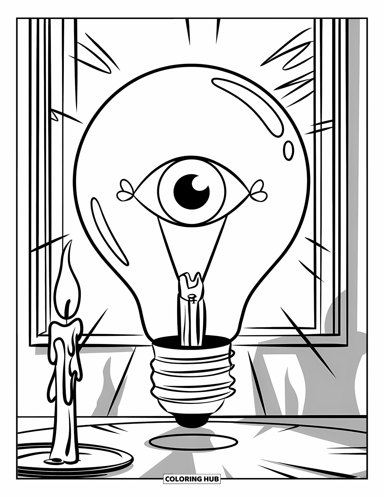 Eye Coloring Page for Kids: A hanging lightbulb with a single eye floats above a table with a candle