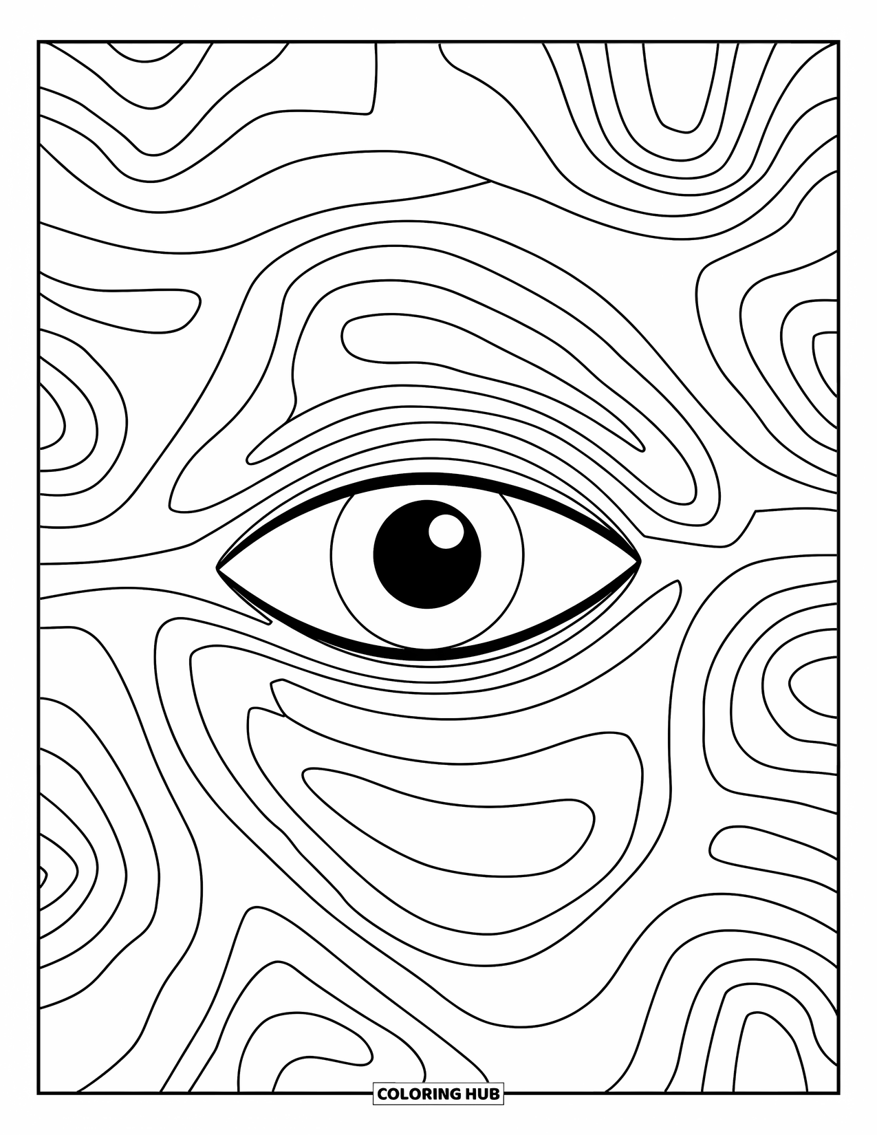 Eye Coloring Page for Kids: A human eye surrounded by abstract curved line patterns