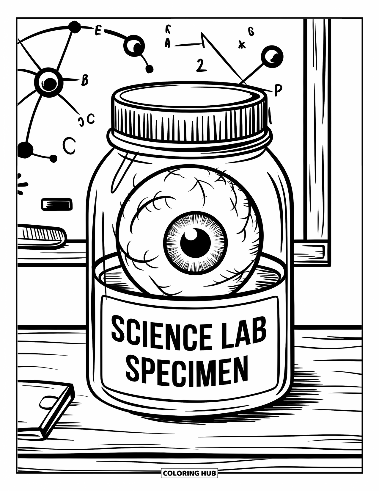 Eye Coloring Page for Kids: A jarred eyeball labeled ìscience lab specimenî sits on a table with a chalkboard nearby