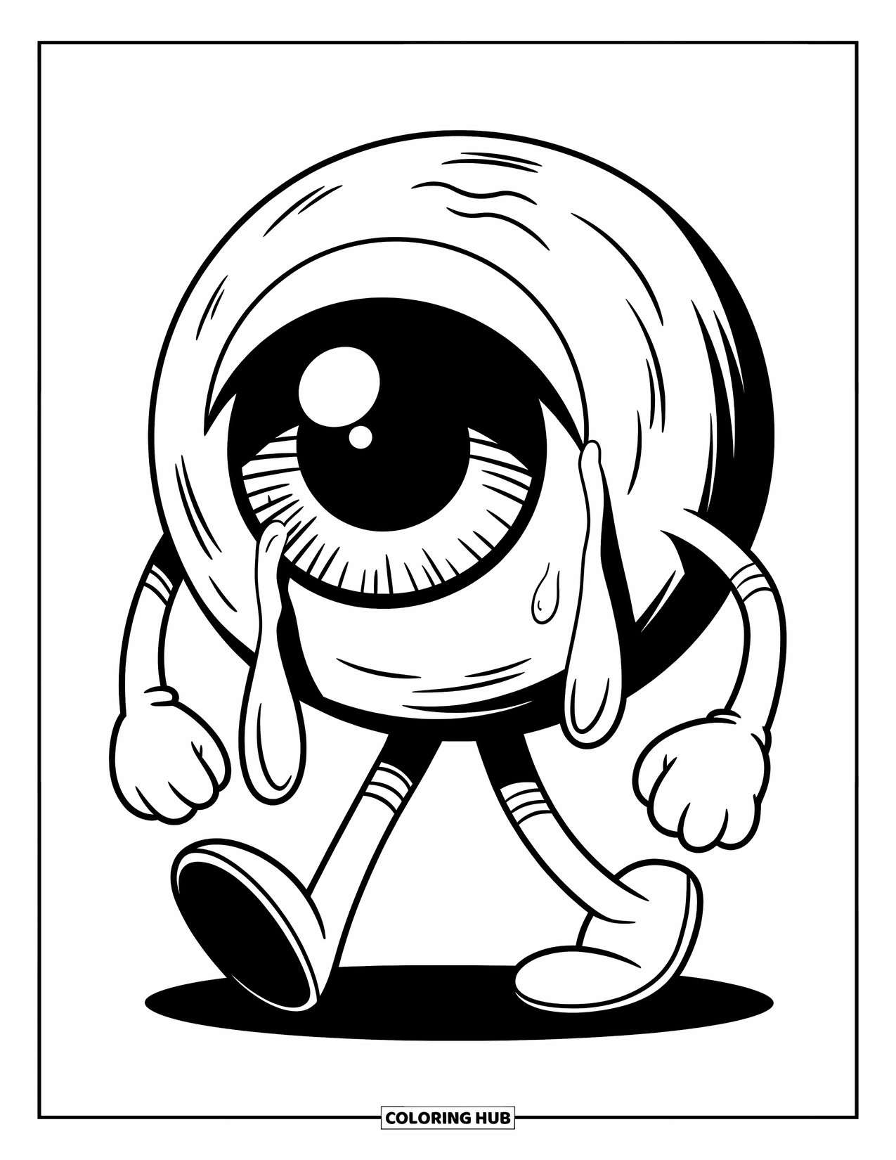 Eye Coloring Page for Kids: A large eyeball with bendy legs walks alone as tears roll down