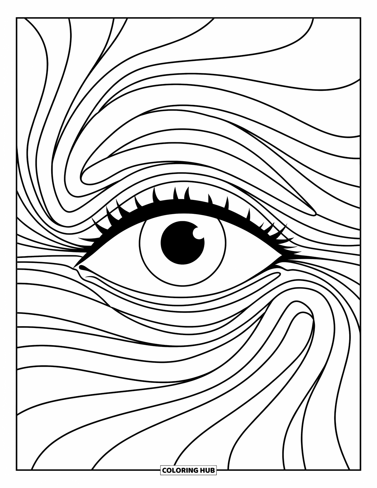 Eye Coloring Page for Kids: A large human eye surrounded by flowing curved patterns