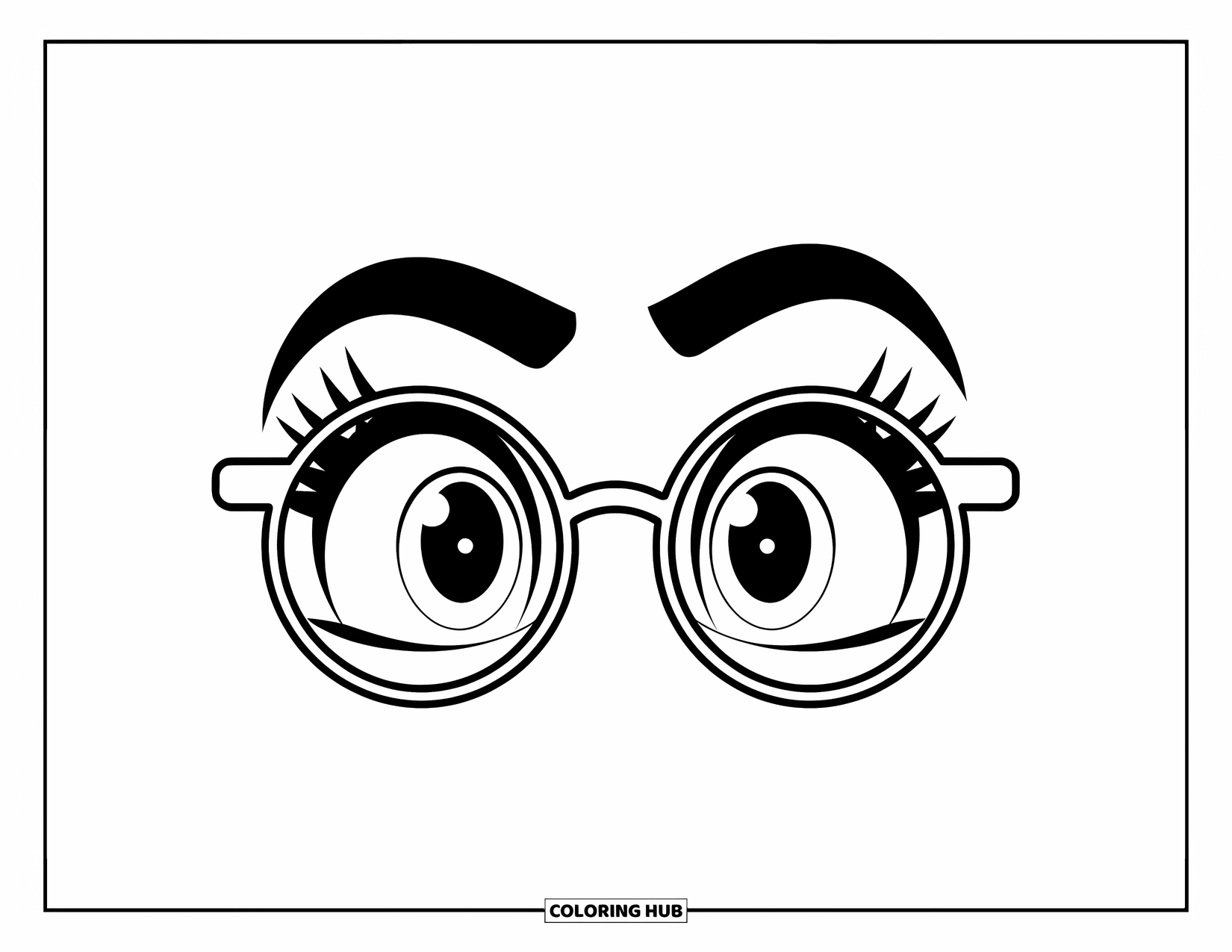 Eye Coloring Page for Kids: A pair of wide eyes with square glasses and raised eyebrows