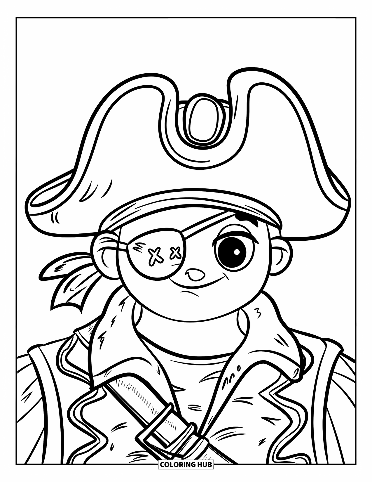 Eye Coloring Page for Kids: A pirate with a patch and decorated shirt shows Xís over the eyes