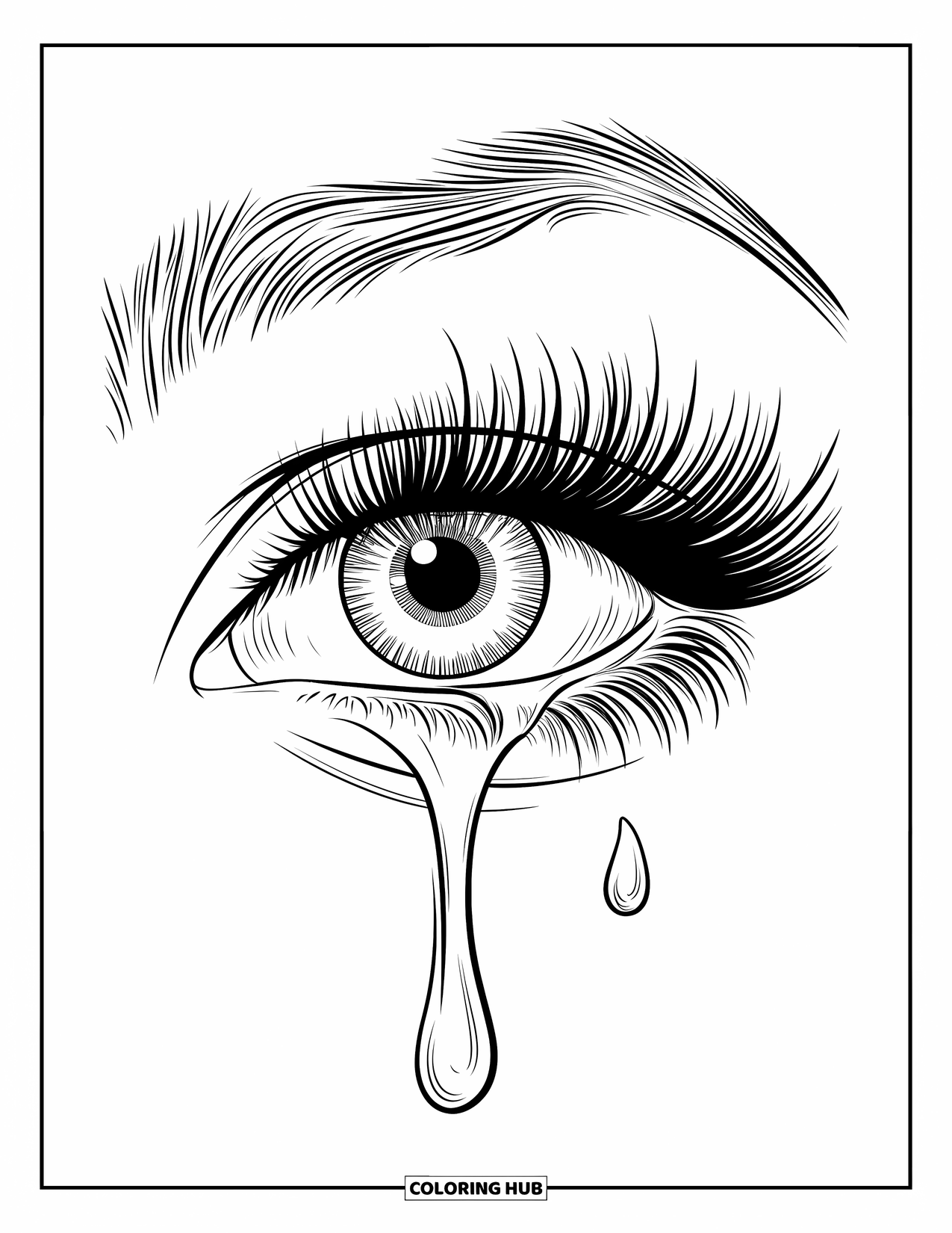 Eye Coloring Page for Kids: A realistic eye with a single tear falling down