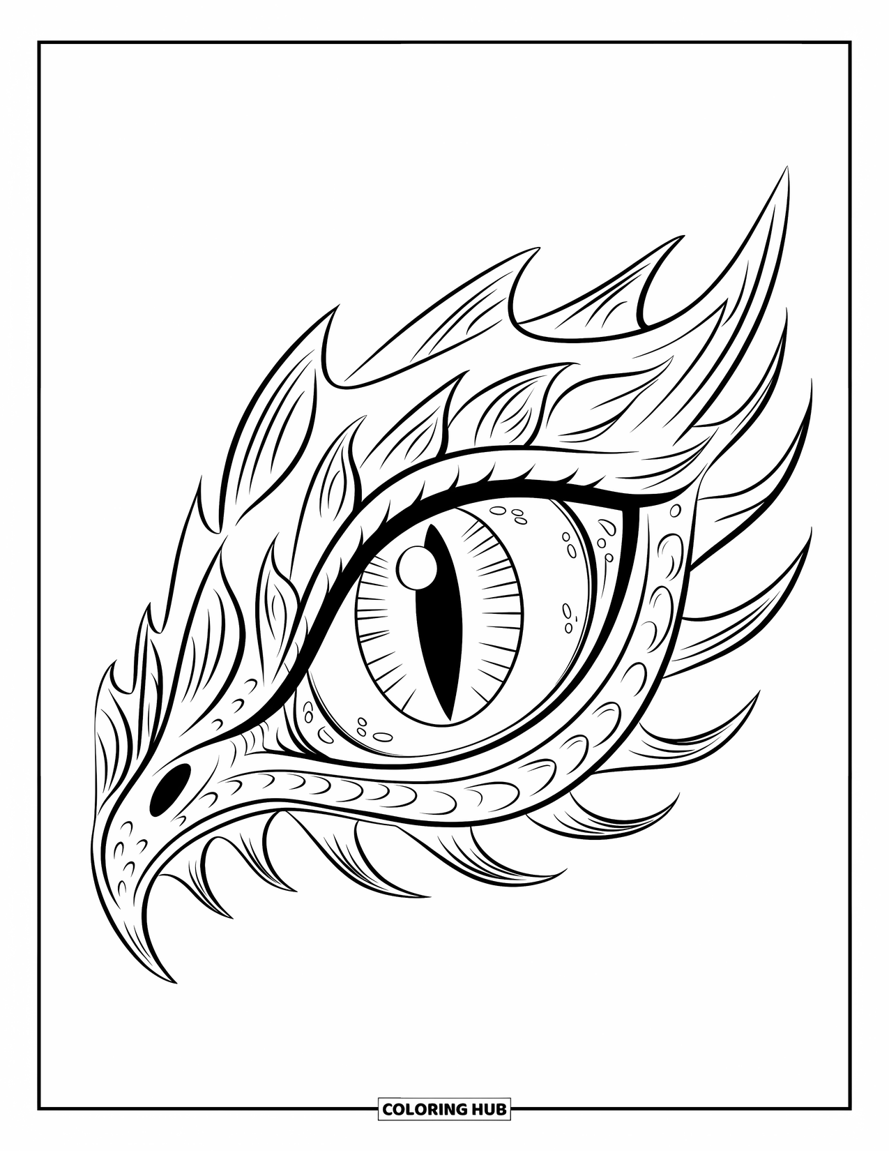 Eye Coloring Page for Kids: A sharp dragon eye with angular claws surrounding it