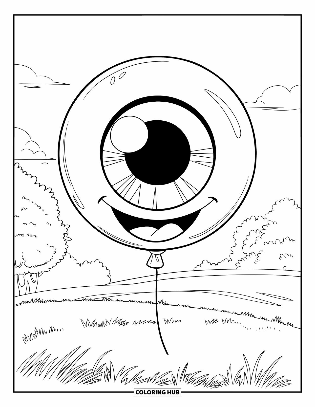 Eye Coloring Page for Kids: A smiling eyeball balloon drifts over a grassy field with trees