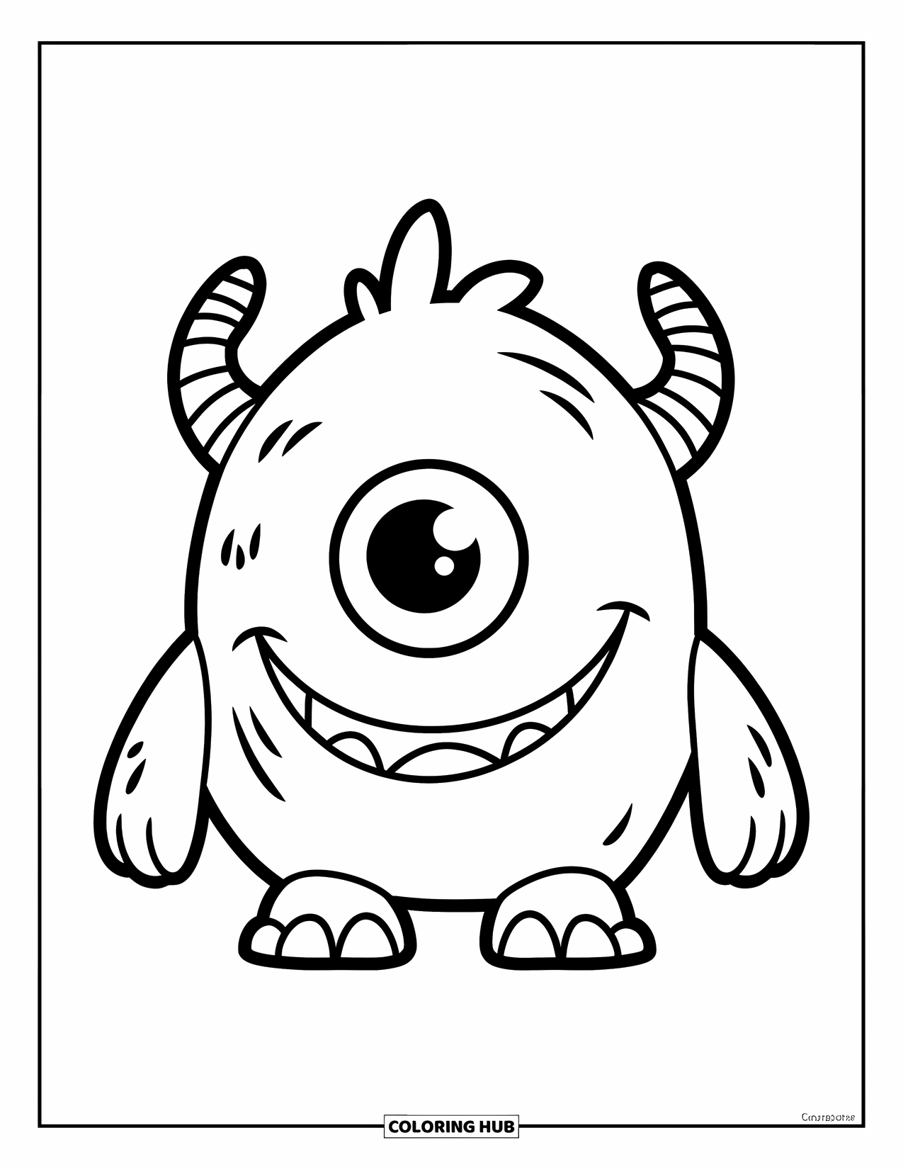 Eye Coloring Page for Kids: A smiling round-faced monster with one big eye