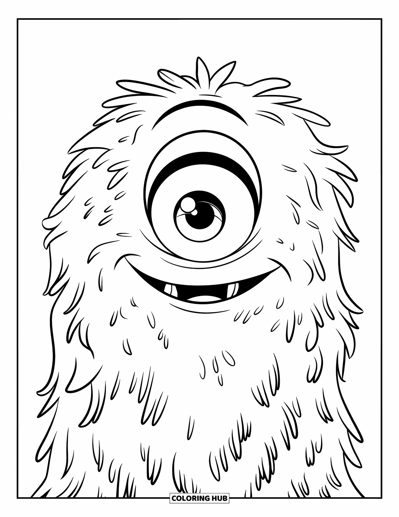 Eye Coloring Page for Kids: A soft, fluffy monster with a single large eye in the center