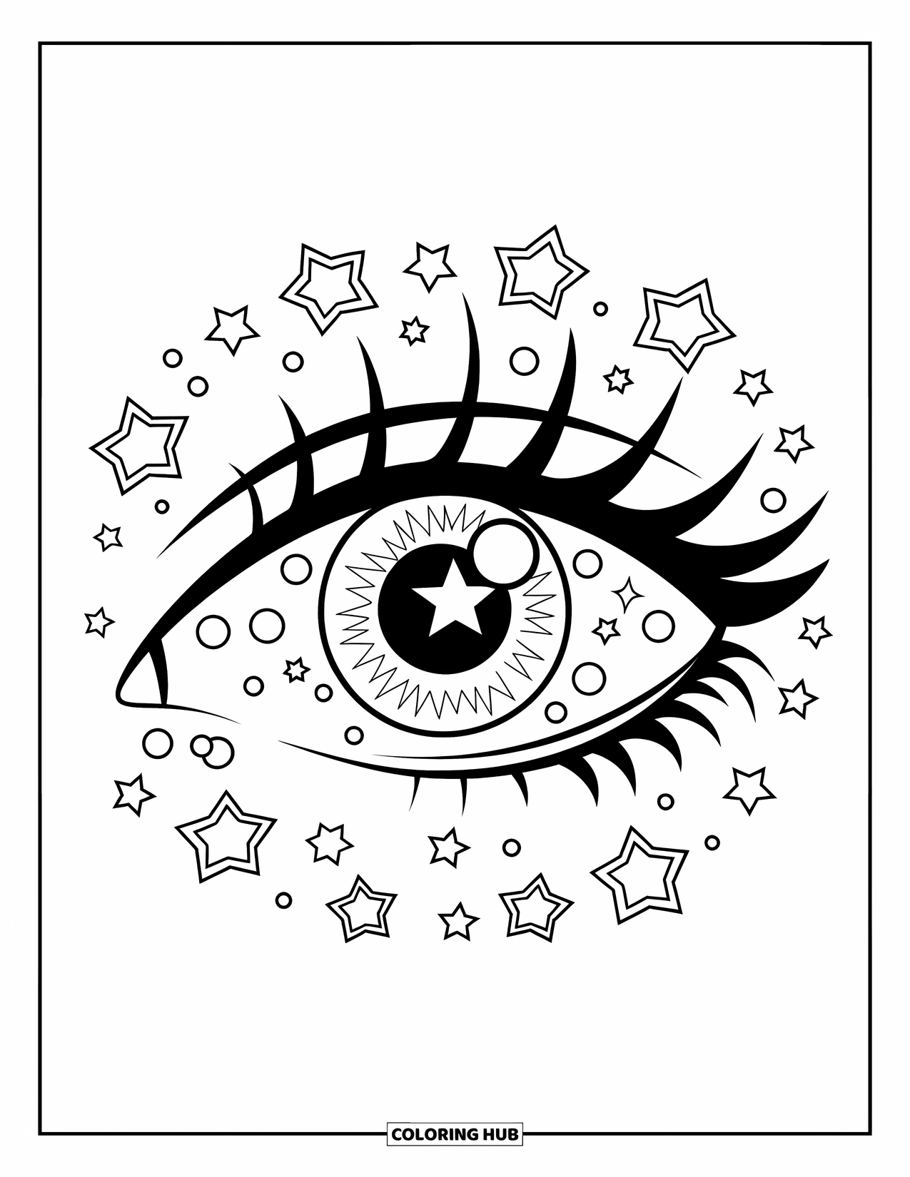 Eye Coloring Page for Kids: A starry-eyed character with curly lashes and dotted details