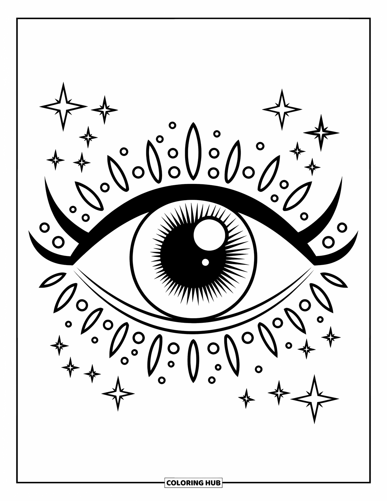 Eye Coloring Page for Kids: A stylized eye with tiny stars and dots scattered around