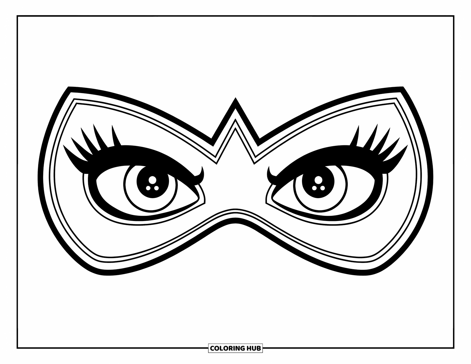 Eye Coloring Page for Kids: A superhero mask showing only two bold, expressive eyes with a unique pattern