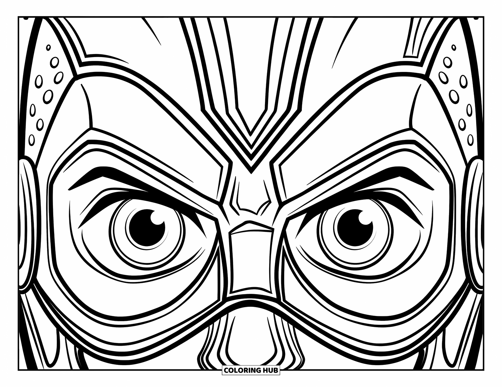 Eye Coloring Page for Kids: A superhero mask with upturned eyes and a circle pattern along the top
