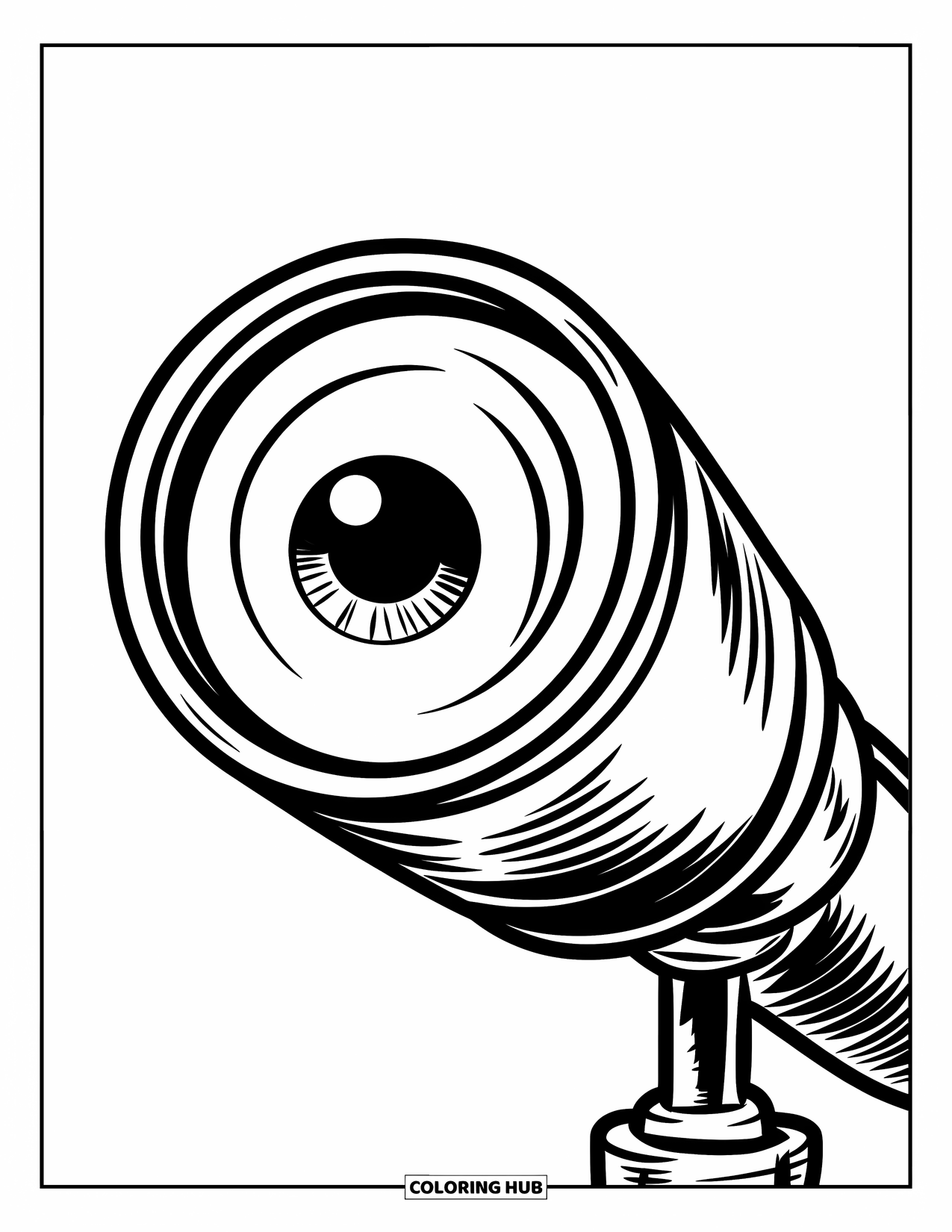 Eye Coloring Page for Kids: A telescope with an eyeball lens stands alone against a clear backdrop