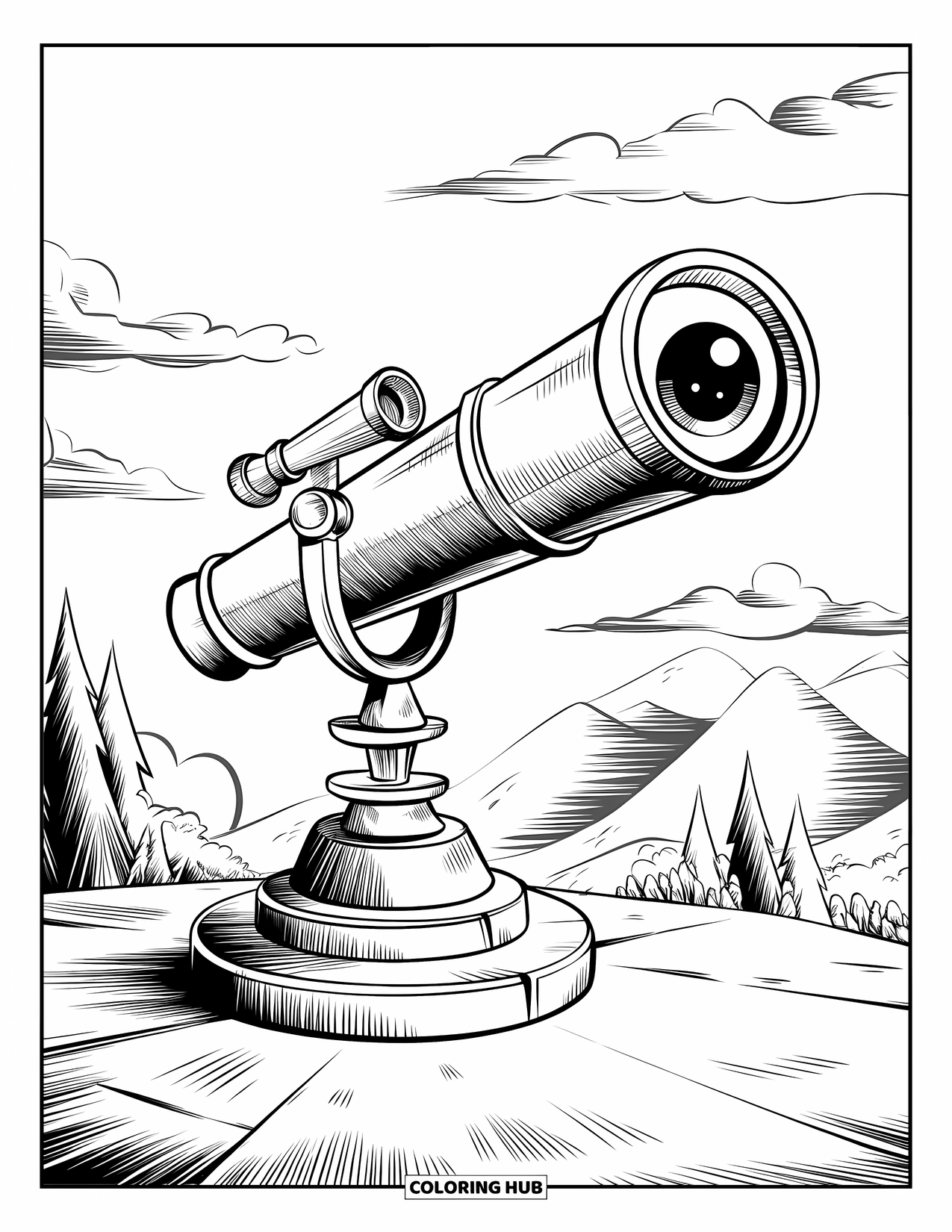 Eye Coloring Page for Kids: A telescope with an eyeball lens stands on a stone base overlooking mountains and trees