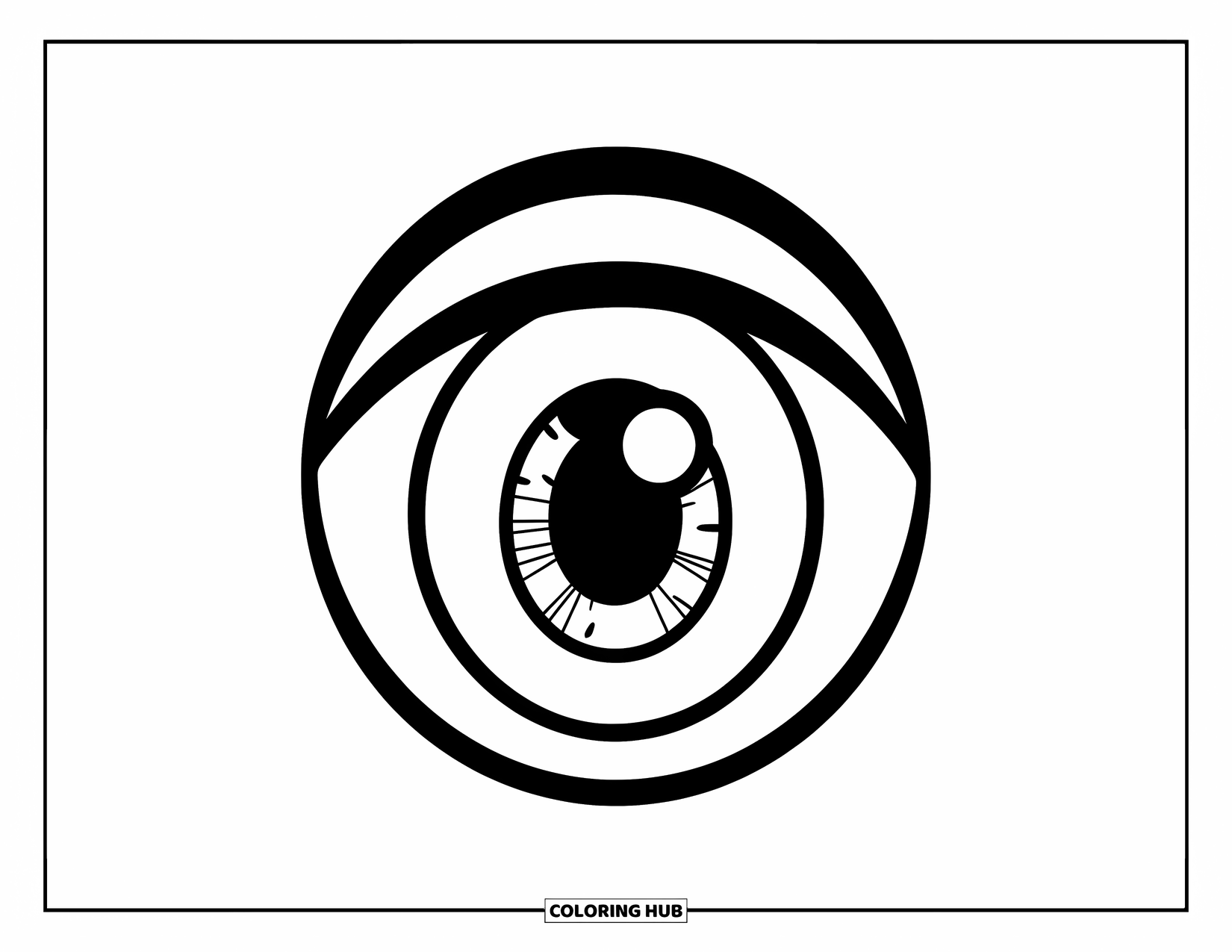 Eye Coloring Page for Kids: A wide cartoon eye with a filled iris and strong outline