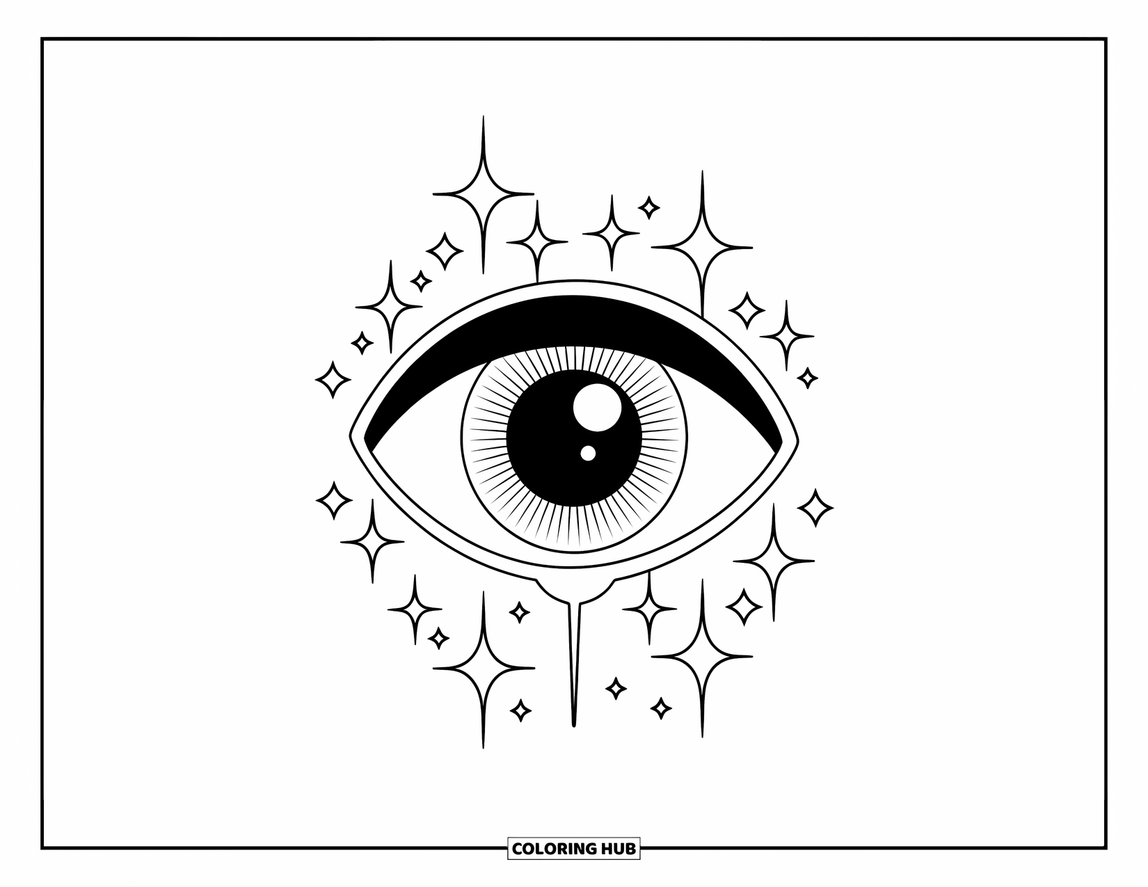Eye Coloring Page for Kids: A wide floating eye with sparkles and small star accents