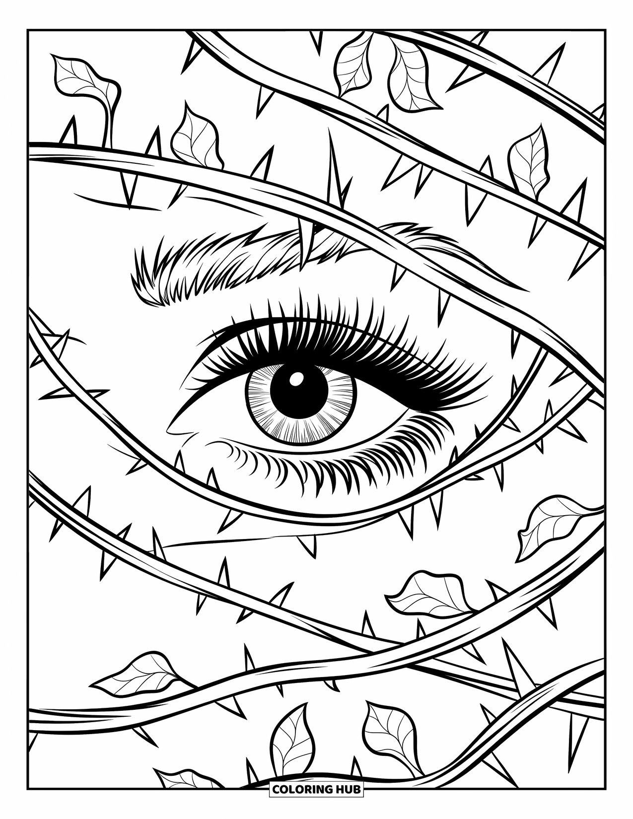 Eye Coloring Page for Kids: An eye surrounded by sharp, thorny ivy vines