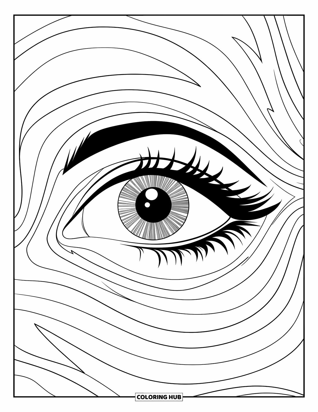 Eye Coloring Page for Kids: An eye with dark iris encircled by flowing curved patterns