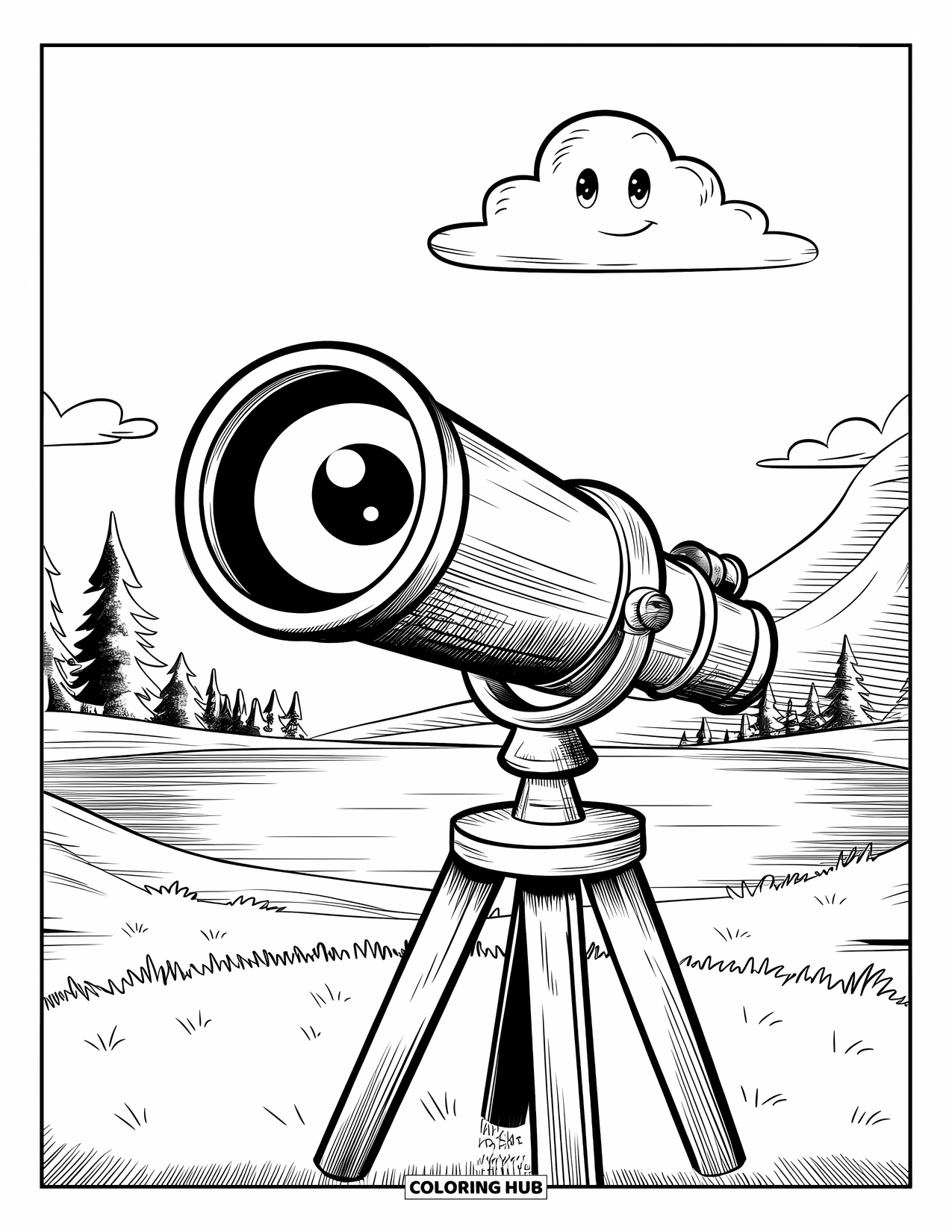 Eye Coloring Page for Kids: An eyeball-lensed telescope on a wooden stand with a smiling cloud floating above