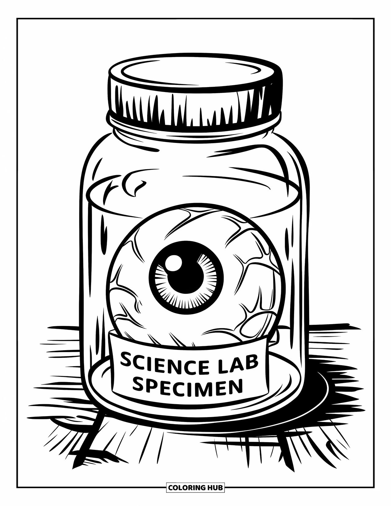 Eye Coloring Page for Kids: An eyeball sits inside a jar labeled ìscience lab specimenî on a wooden surface