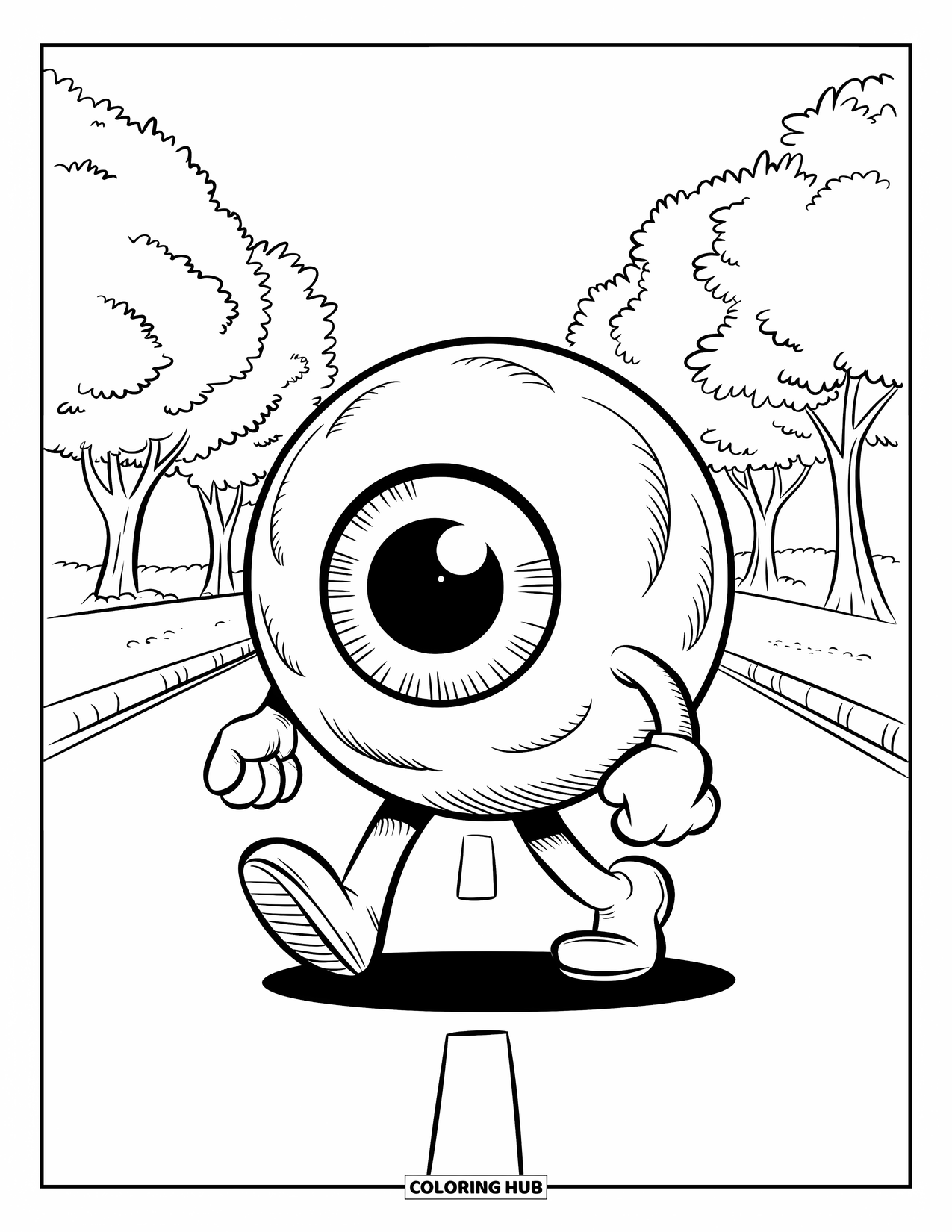 Eye Coloring Page for Kids: An eyeball with short legs strolls down a road lined with trees
