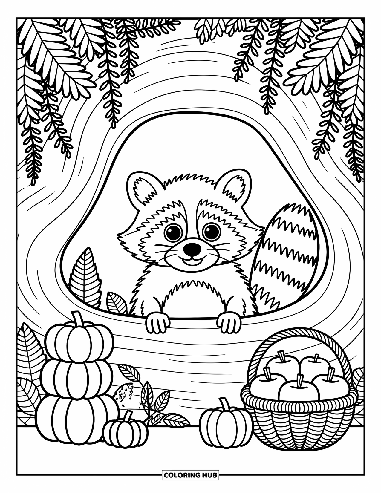 Fall Animal Coloring Page for Adults: A curious raccoon peeks from a log surrounded by pumpkins and forest finds