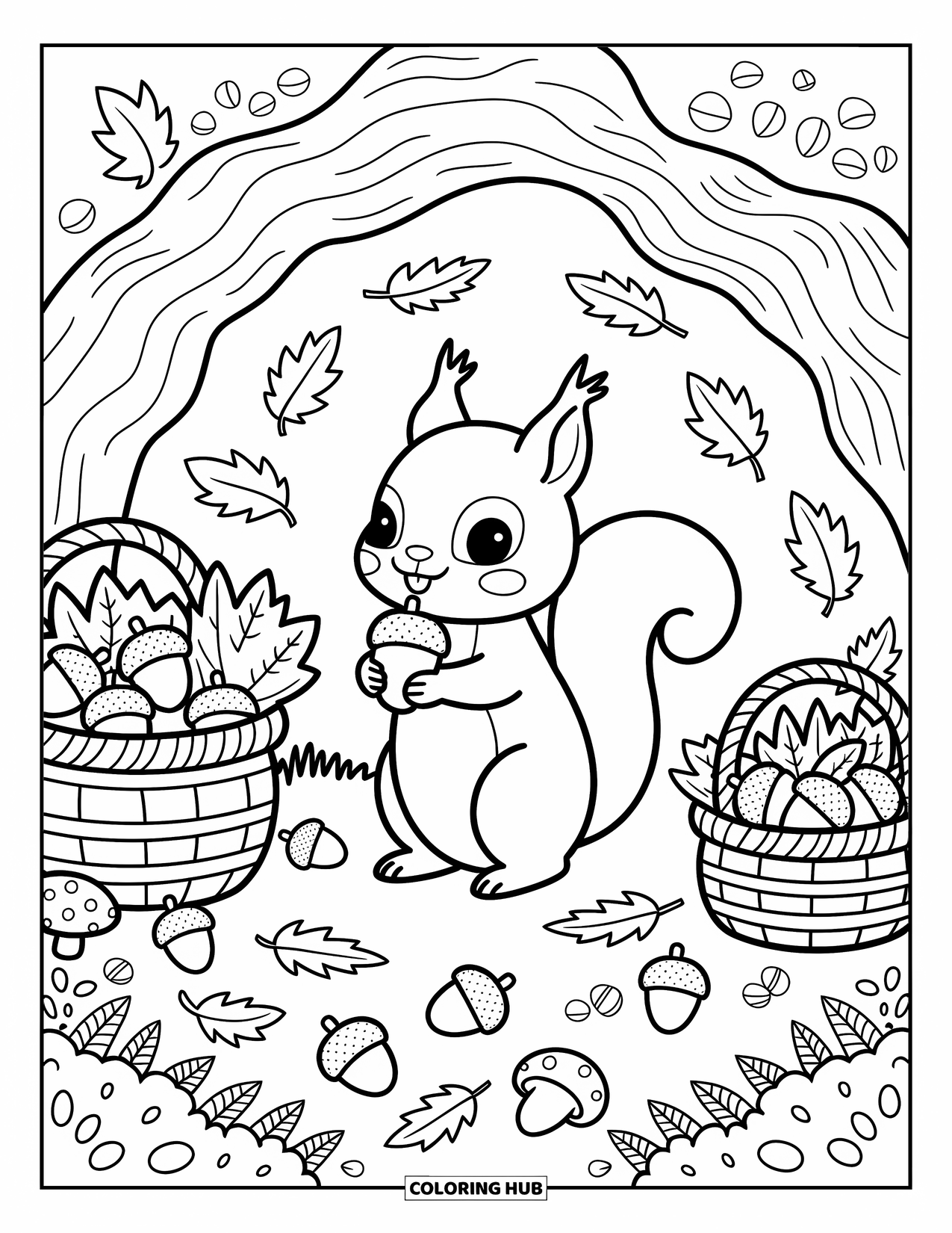 Fall Animal Coloring Page for Adults: A happy squirrel hugs a giant acorn with baskets and forest treasures nearby