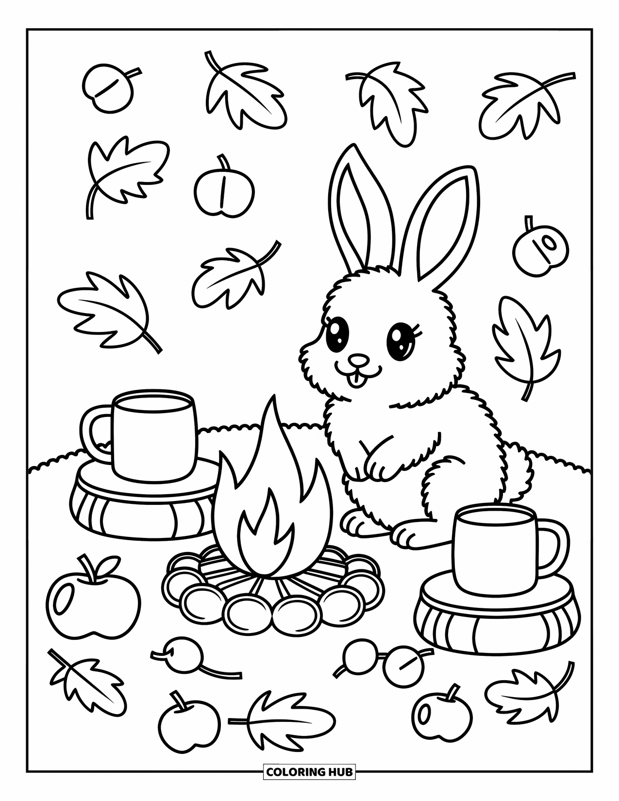 Fall Animal Coloring Page for Adults: A little bunny rests beside a campfire with apples, mugs, and chestnuts