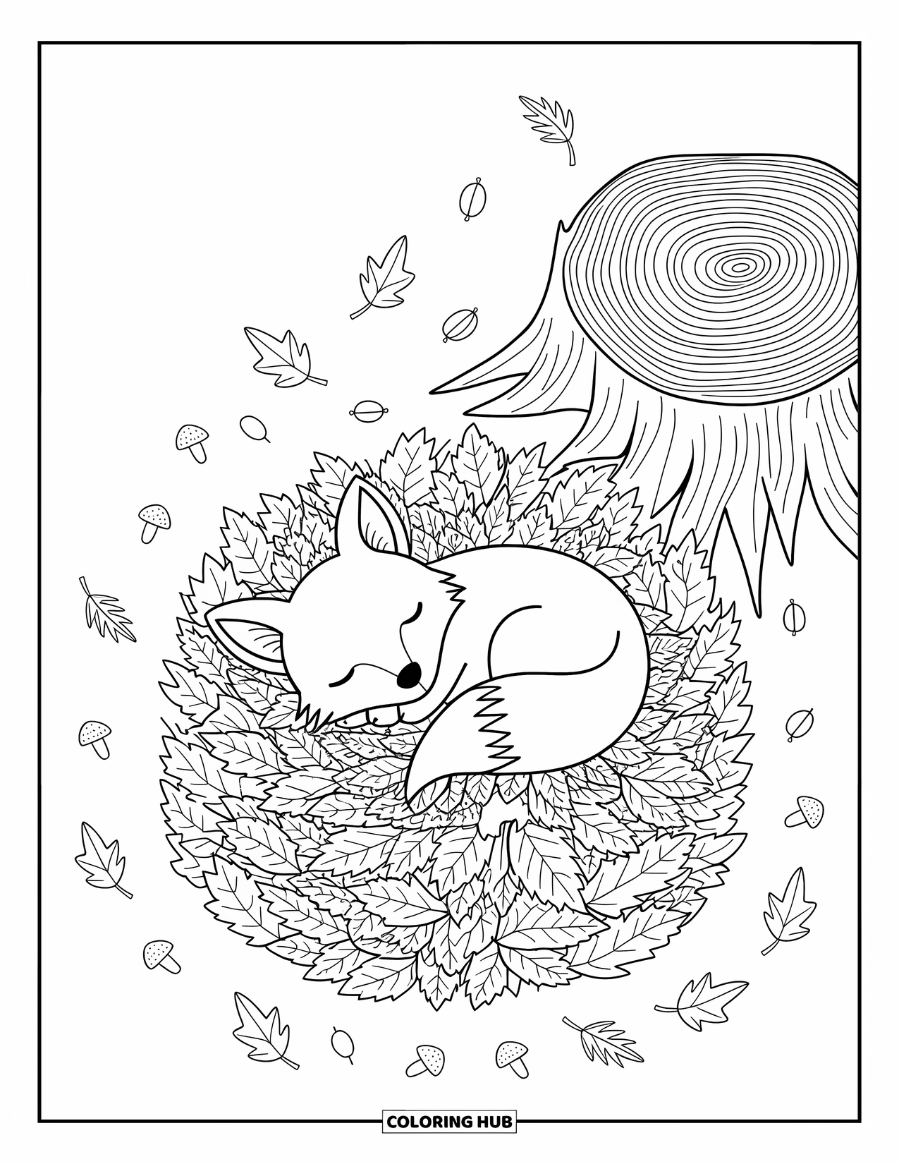 Fall Animal Coloring Page for Adults: A little fox naps peacefully in a leaf pile with mushrooms and acorns