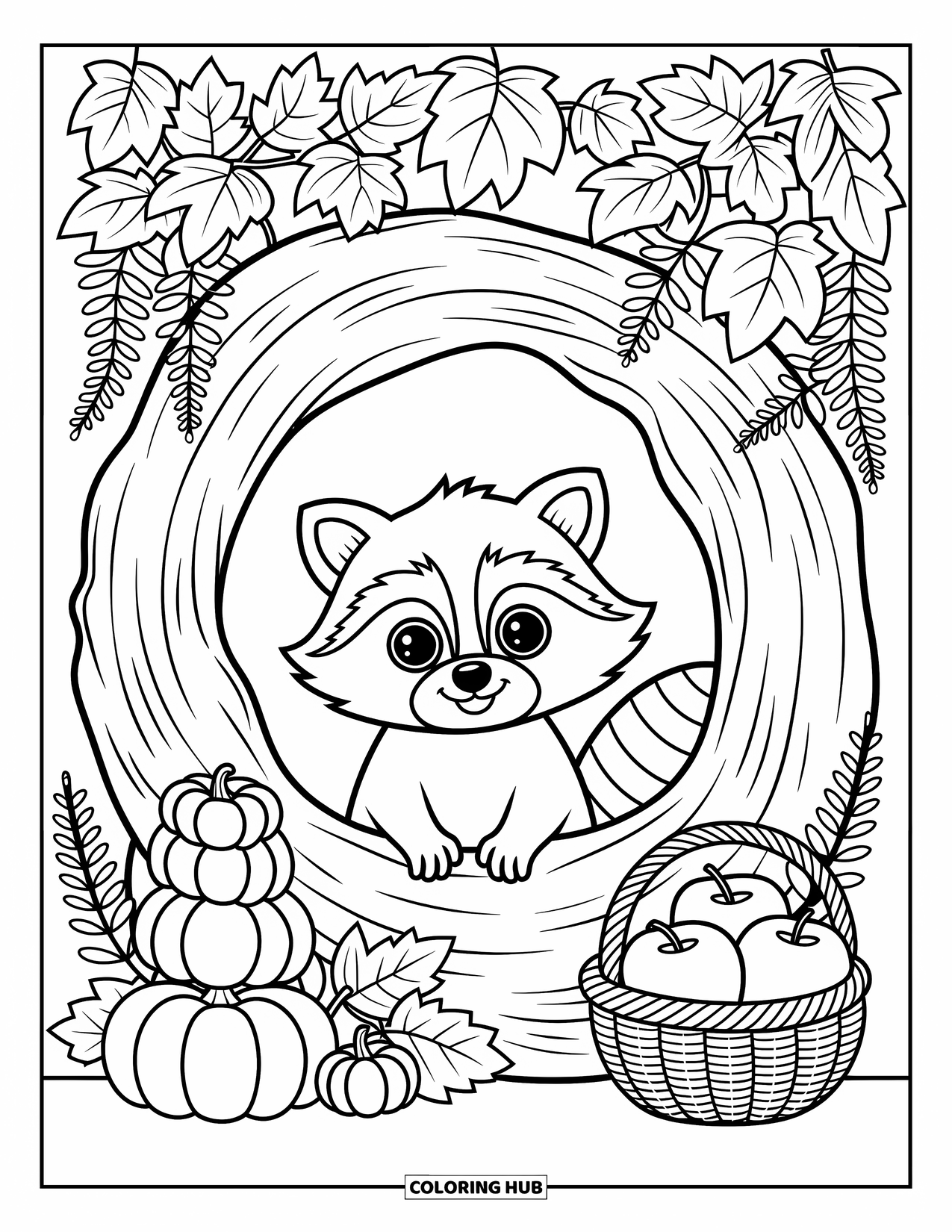 Fall Animal Coloring Page for Adults: Adorable raccoon peers from a cozy log with pumpkins and a basket of apples
