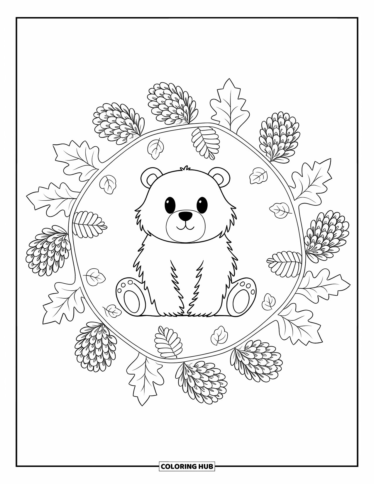 Fall Animal Coloring Page for Adults: Bear sits still surrounded by a botanical mandala with pinecones and leaves