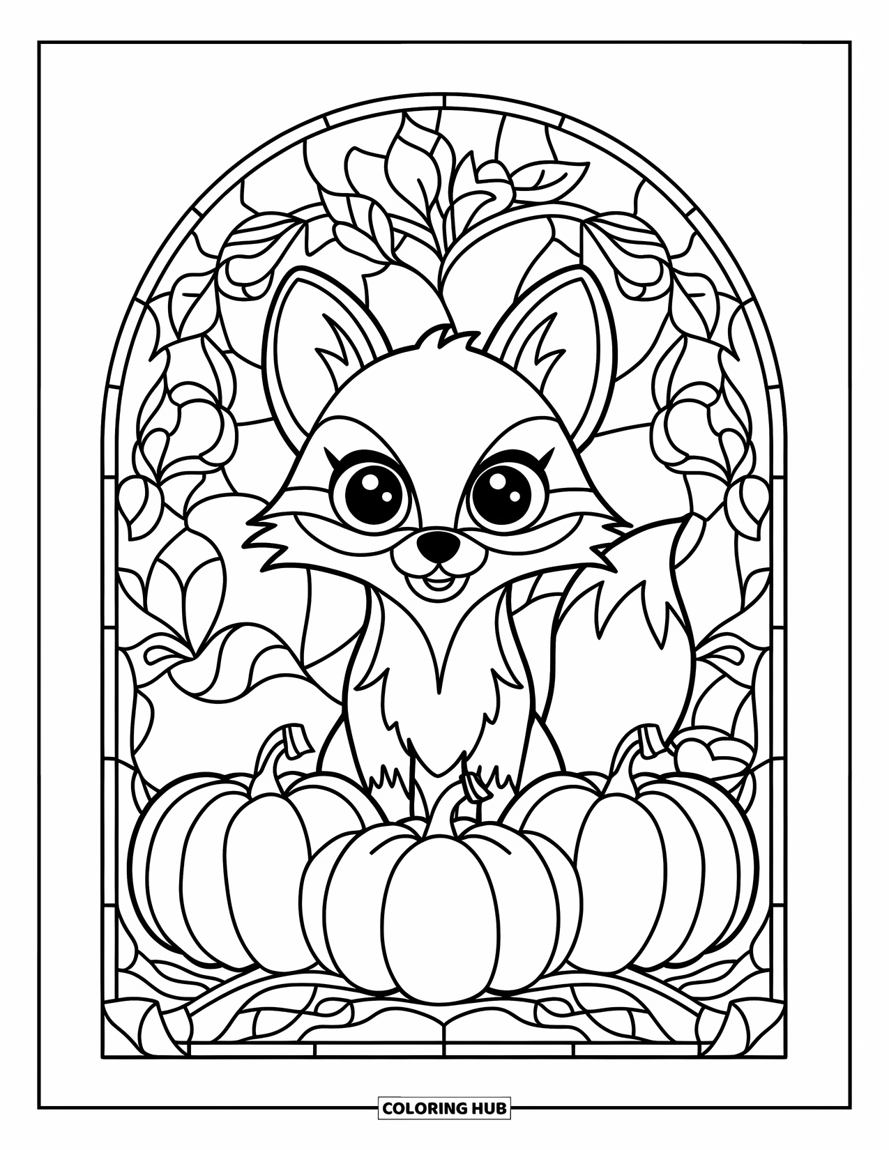 Fall Animal Coloring Page for Adults: Big-eyed fox rests in a stained glass frame of pumpkins and fall leaves