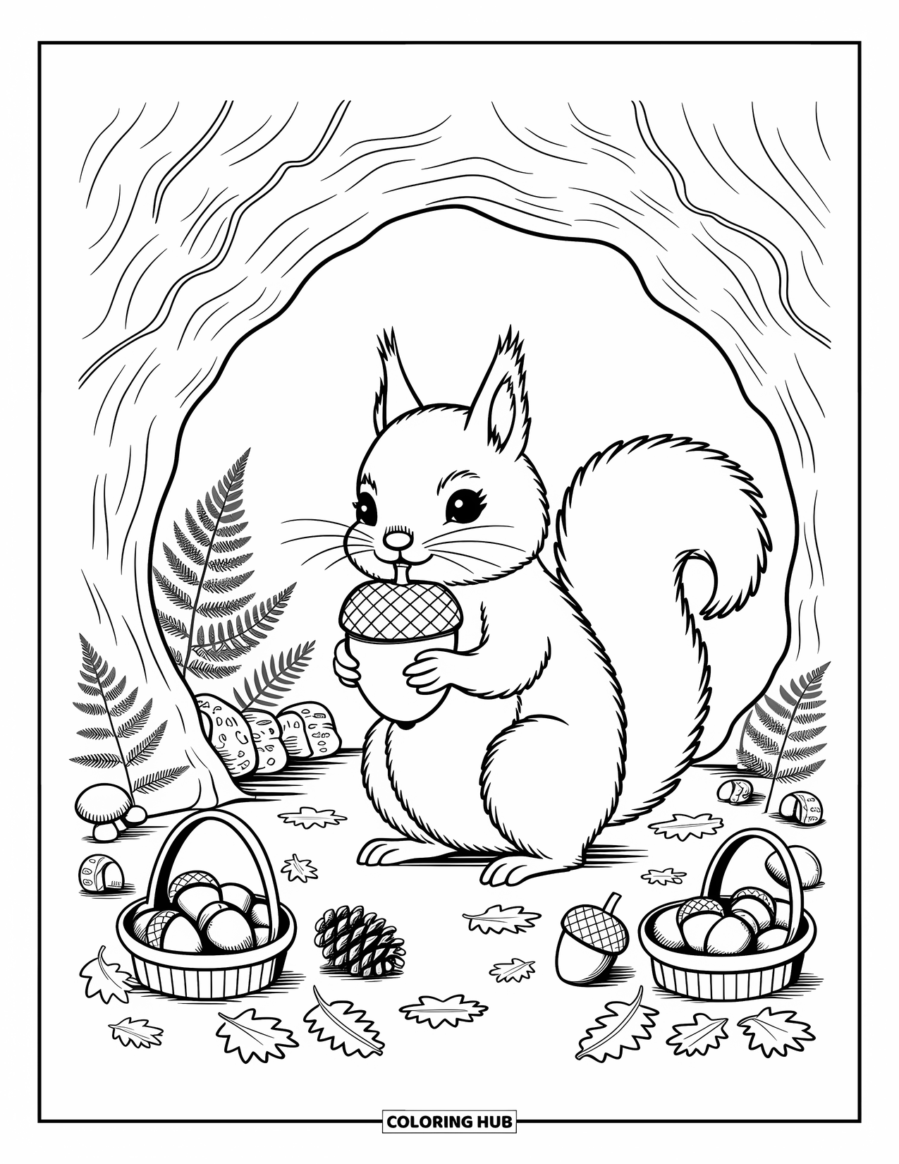Fall Animal Coloring Page for Adults: Cheerful squirrel holds a big acorn near mushrooms, pinecones, and leafy baskets