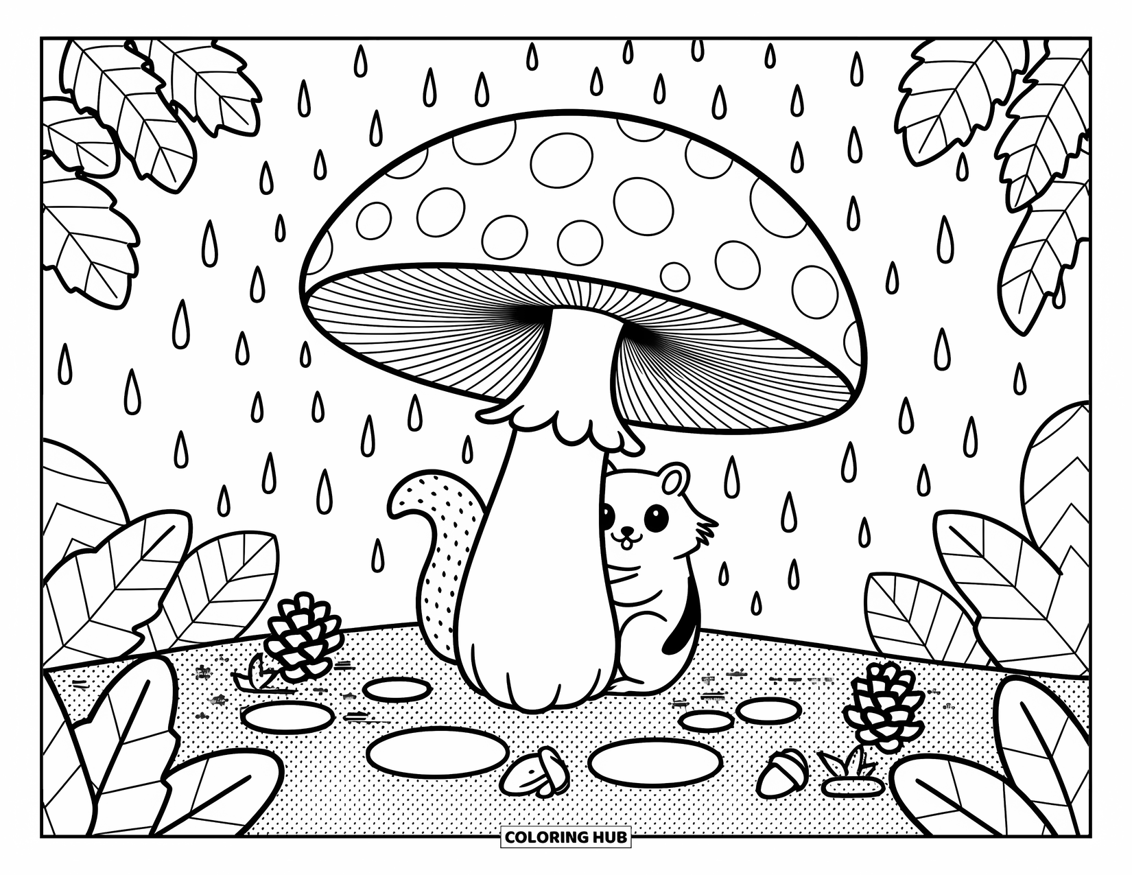 Fall Animal Coloring Page for Adults: Chipmunk hides under a giant mushroom while raindrops fall on the forest floor