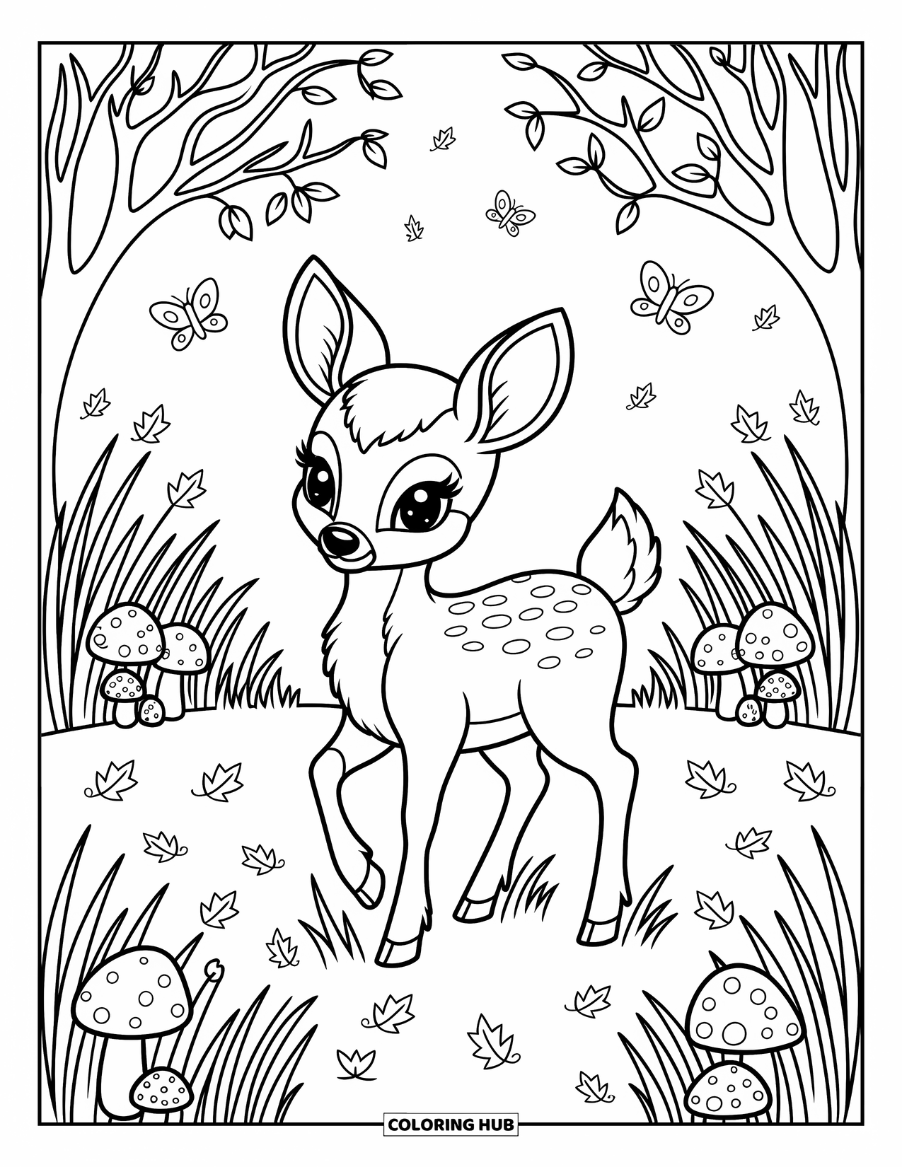 Fall Animal Coloring Page for Adults: Deer explores a meadow filled with mushrooms, swaying grass, and floating leaves