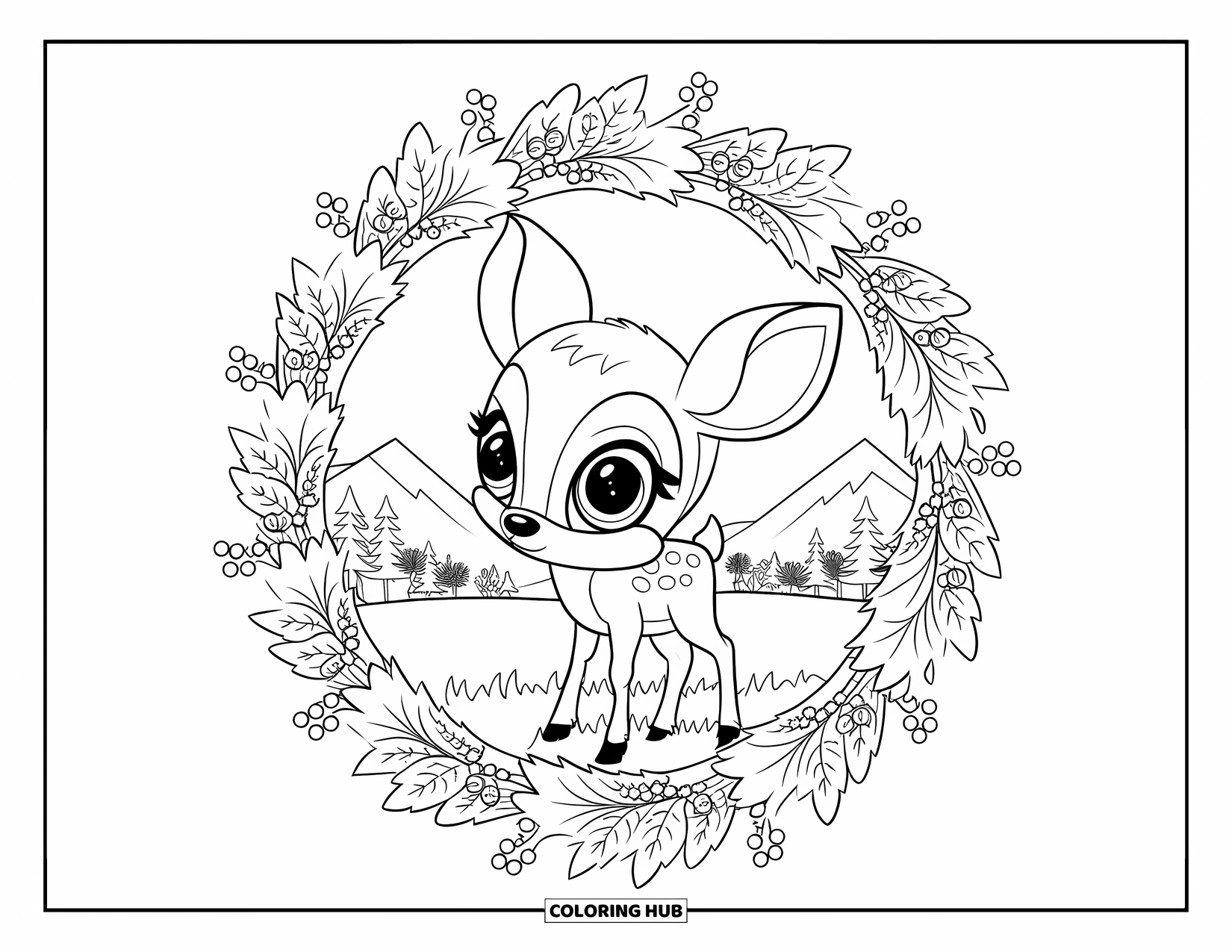 Fall Animal Coloring Page for Adults: Deer stands calmly in a field framed by a mandala of fall leaves and berries