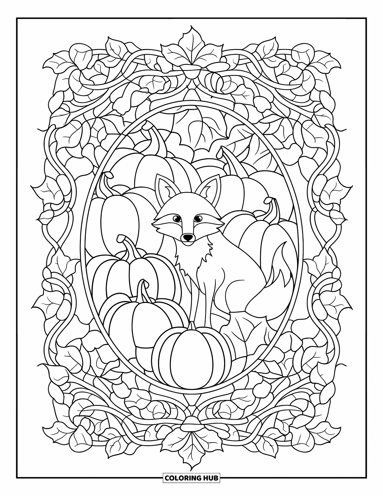 Fall Animal Coloring Page for Adults: Fox is framed by swirling vines and pumpkins inside a stained glass window