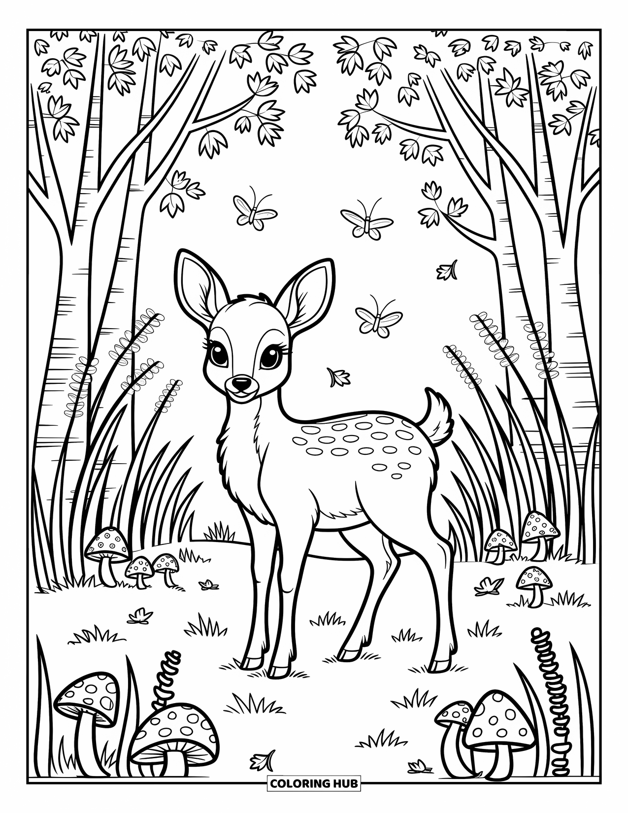 Fall Animal Coloring Page for Adults: Gentle deer pauses in a quiet meadow with tall grass and playful butterflies