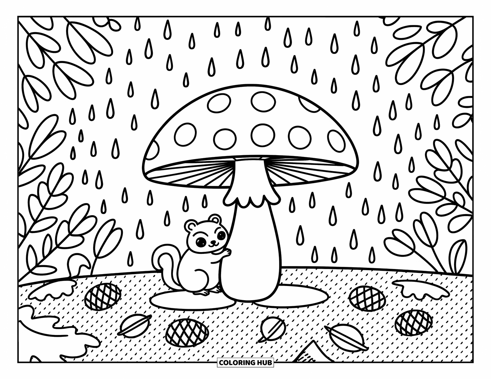 Fall Animal Coloring Page for Adults: Little chipmunk stays dry under a mushroom cap during a cozy rainy day