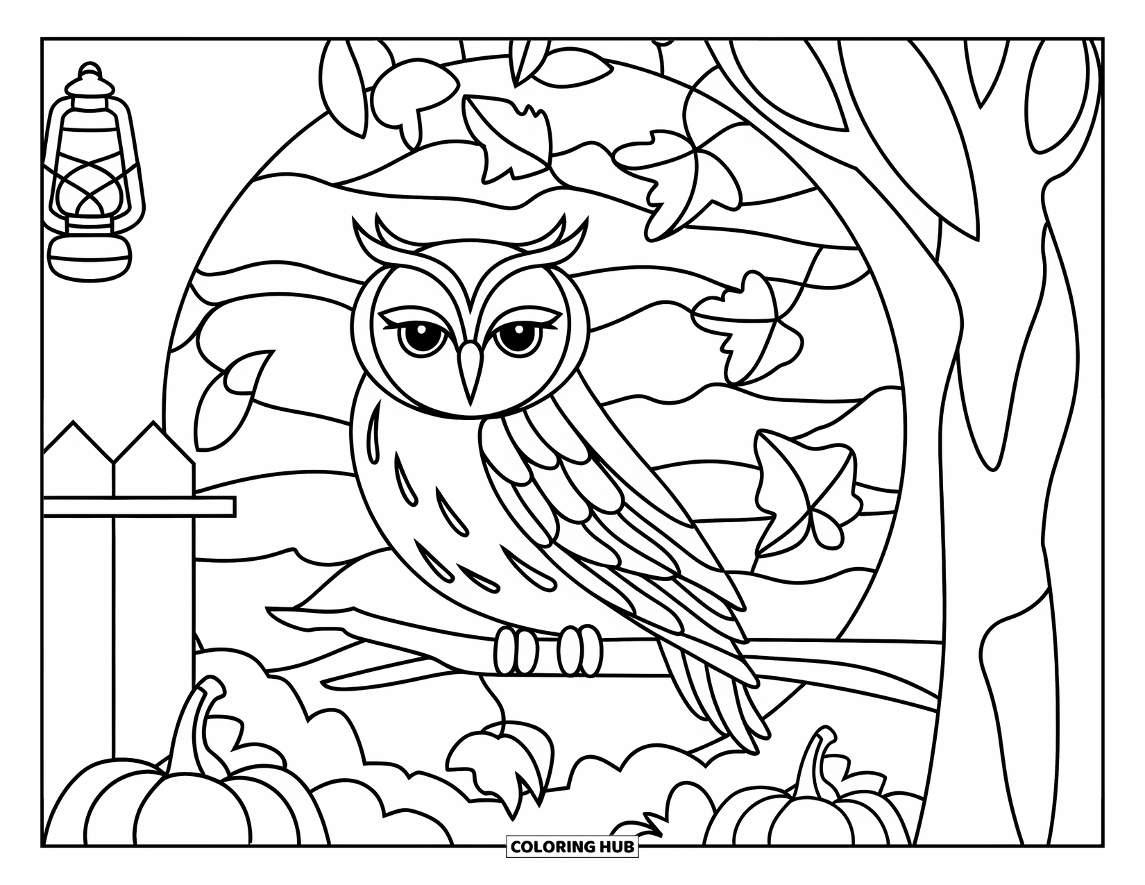 Fall Animal Coloring Page for Adults: Owl rests on a branch surrounded by stained glass leaves and a lantern nearby