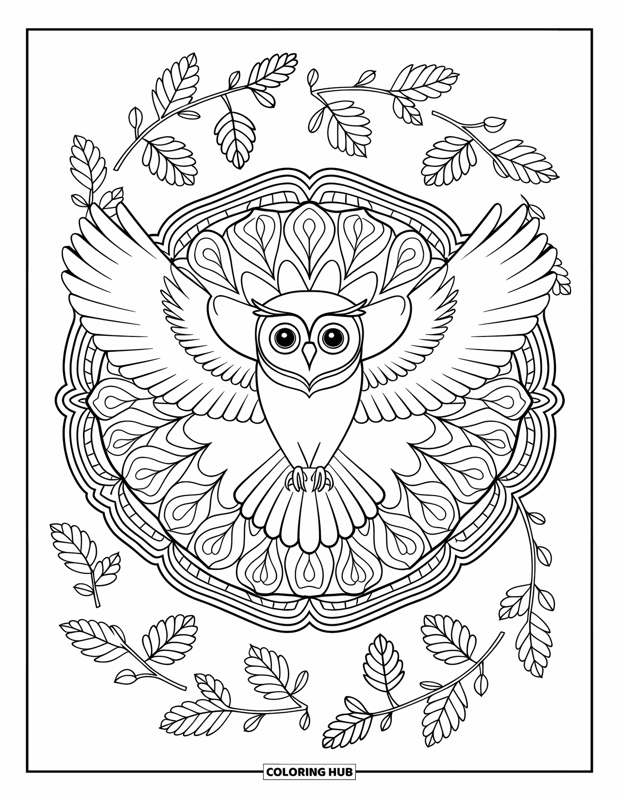 Fall Animal Coloring Page for Adults: Owl with outspread wings rests inside a mandala filled with leafy patterns