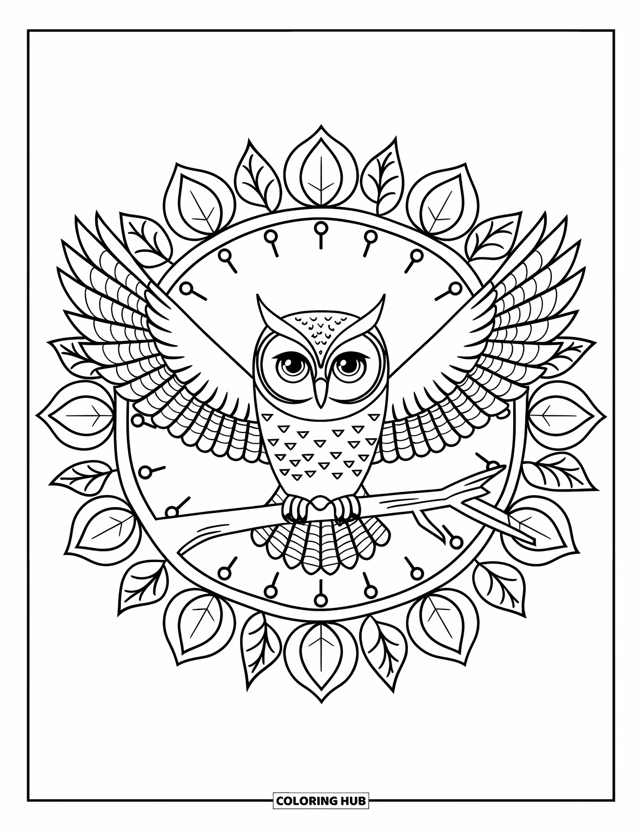 Fall Animal Coloring Page for Adults: Owl with wings open sits in a fall mandala of leaves and branches