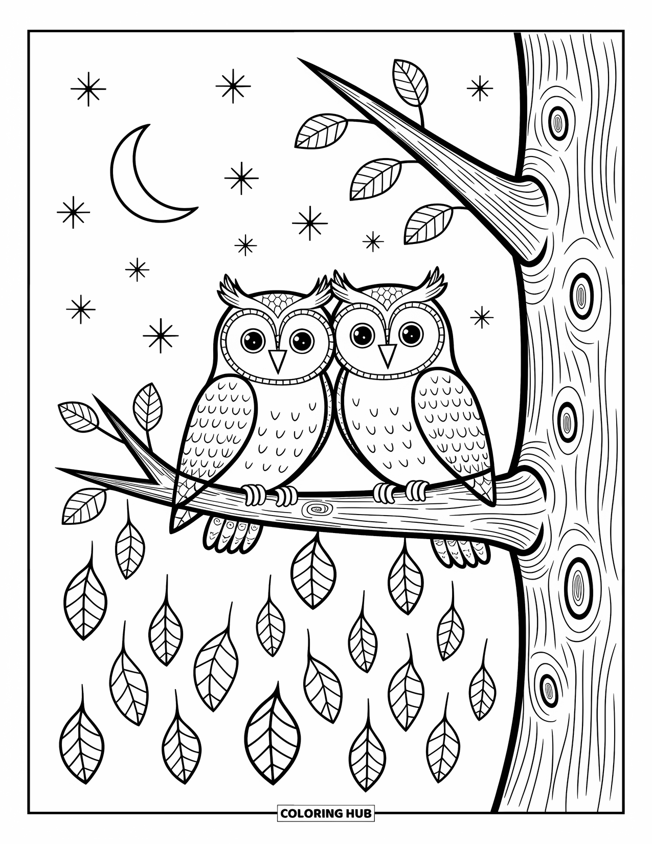Fall Animal Coloring Page for Adults: Owls cuddle on a tree branch under a glowing moon and drifting leaves