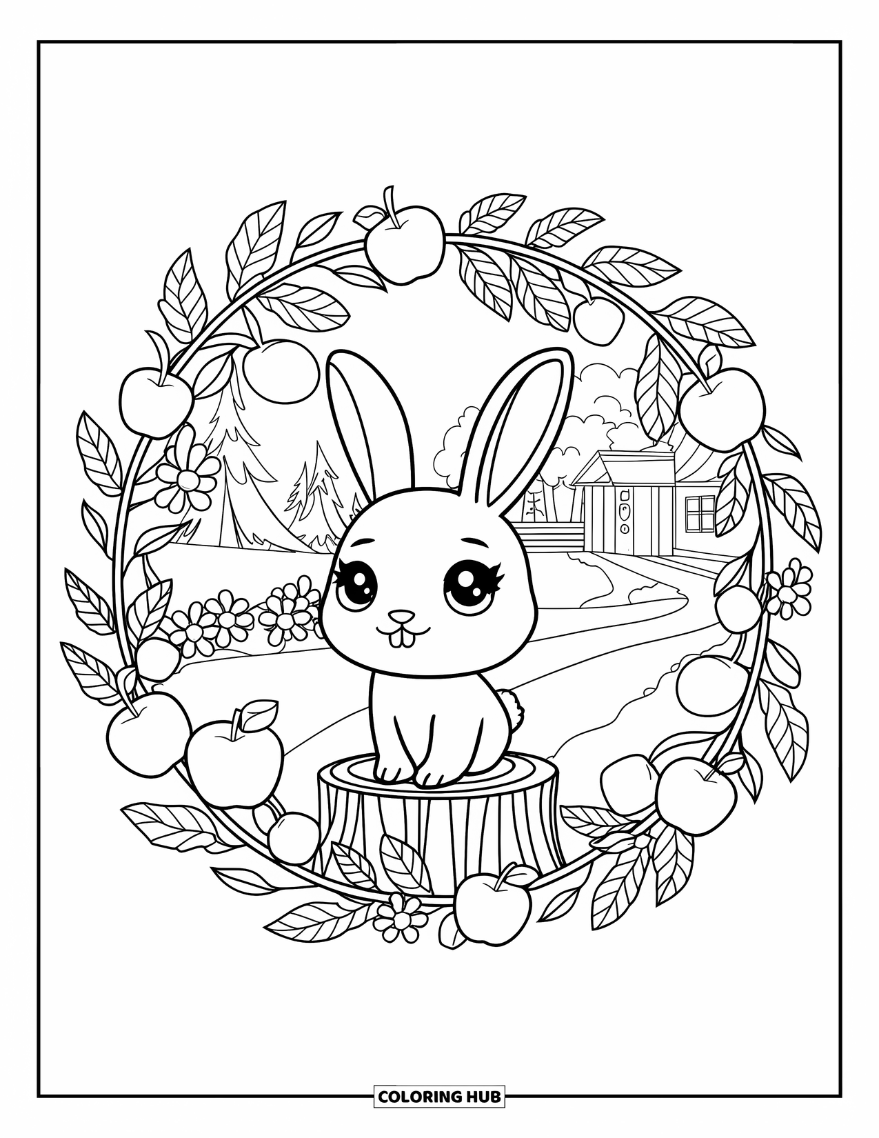 Fall Animal Coloring Page for Adults: Rabbit on a stump surrounded by a fall wreath and a cozy forest cottage