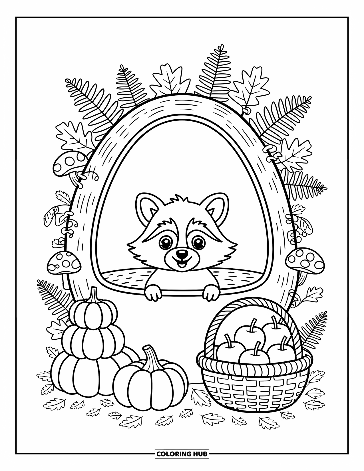 Fall Animal Coloring Page for Adults: Raccoon peeks through a hollow log surrounded by ferns, mushrooms, and apples