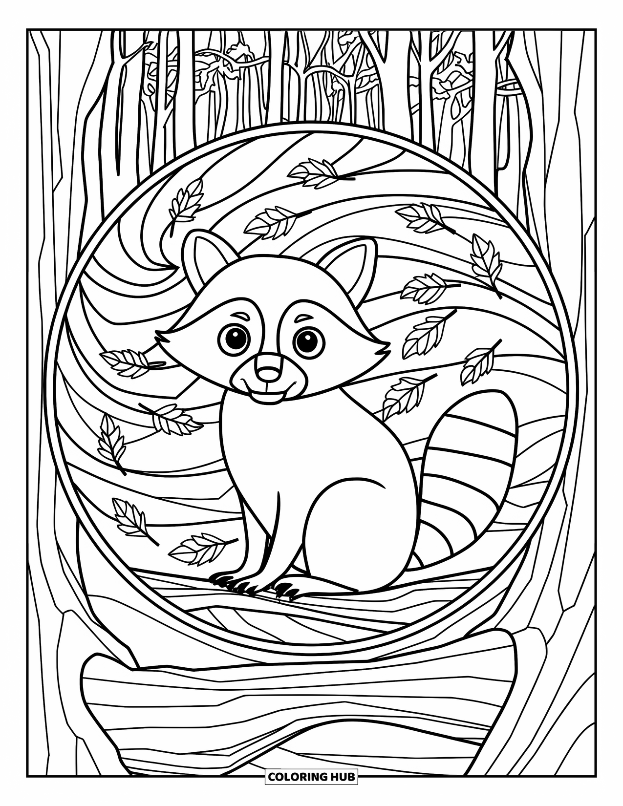 Fall Animal Coloring Page for Adults: Raccoon perches on a branch wrapped in stained glass wind and leaves